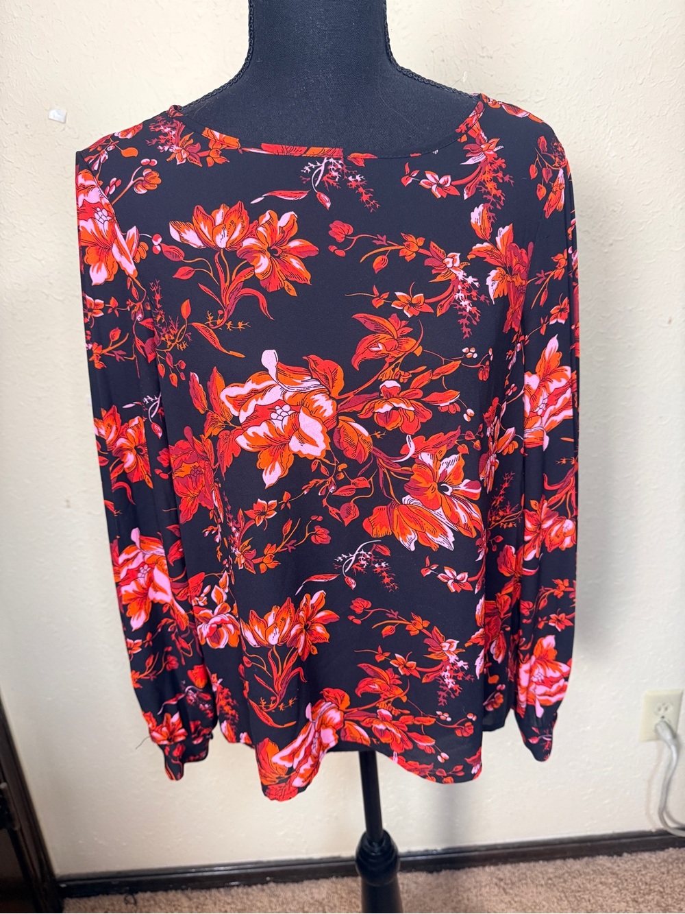 Philosophy Women’s Petite Medium Floral Long-Sleeve Blouse Pleated Sleeve Career